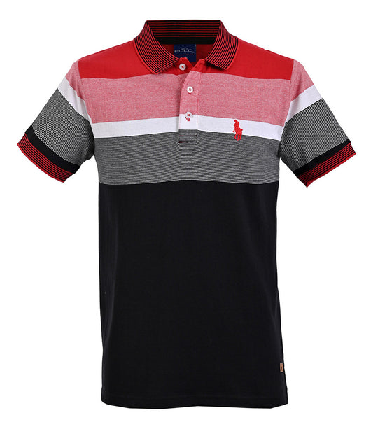 PLAYERA CHIFÓN POLO MODELAJE RAYAS NEGRO, ROJO Y BLANCO HPC POLO